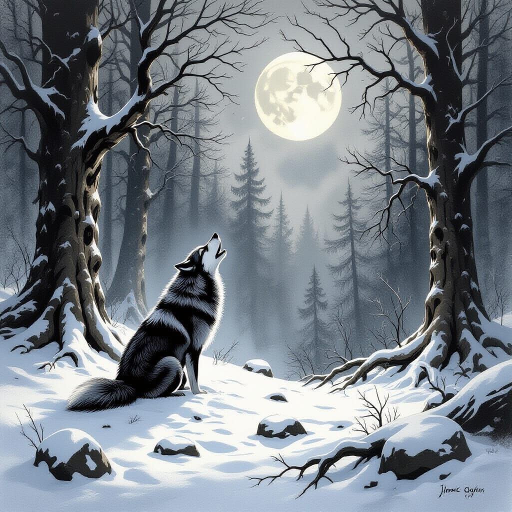 Lone Wolf Howling in Snowy Forest Charcoal Drawing