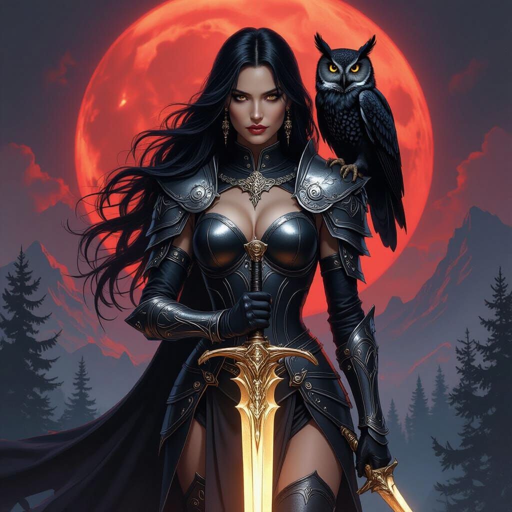 Mystical Goddess in Armor with Obsidian Owl