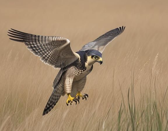 Peregrine Falcon Hunting Mouse in Tall Grass