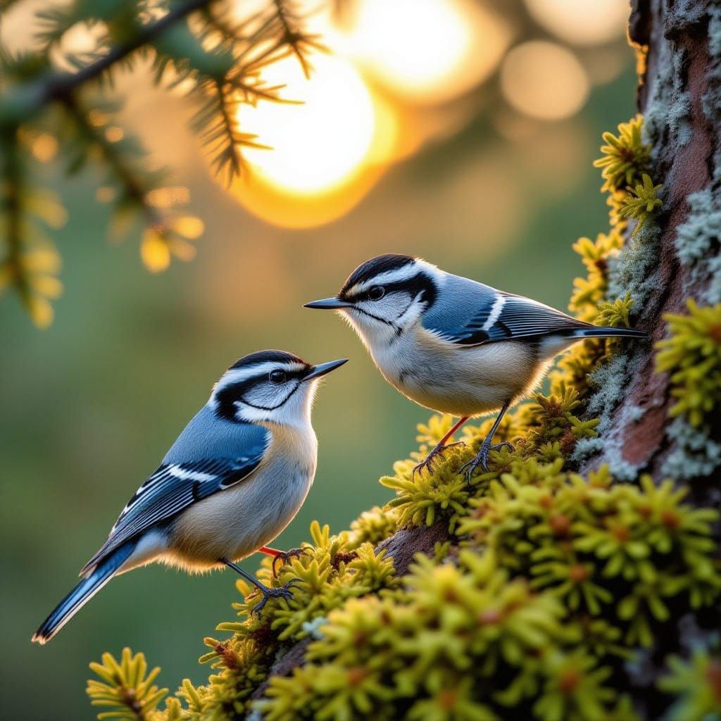 Majestic Red Breasted Nuthatch in Whimsical Sunset Landscape