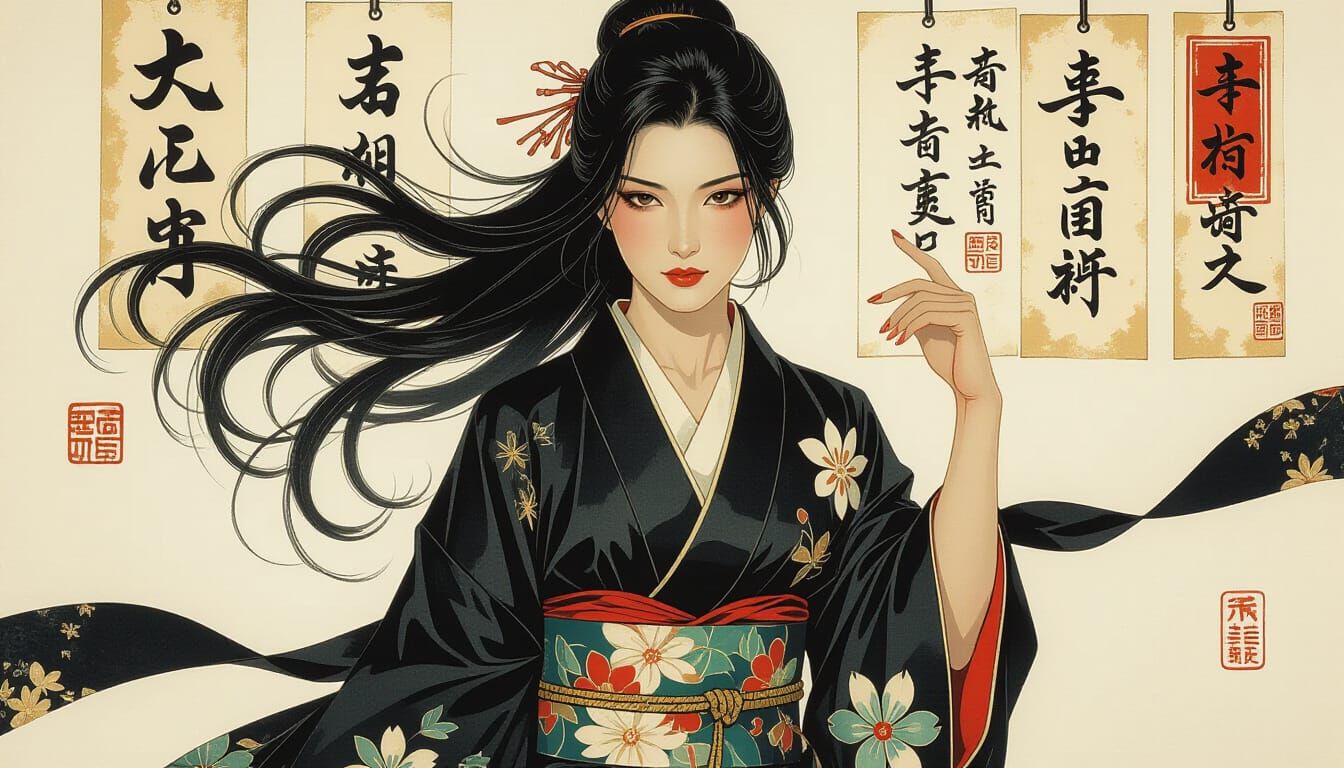 Shirtless Japanese woman, black silk ribbon , dramatic pose, ((ample chest)), Calligraphy sheets hanging in the backgrou...