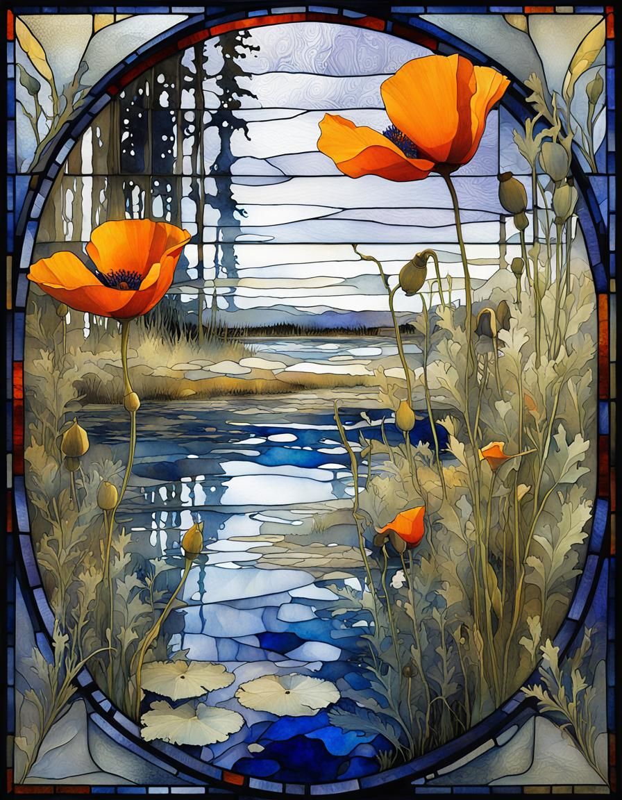 Alaska Poppies and Monkshood in Liquid Ink Style