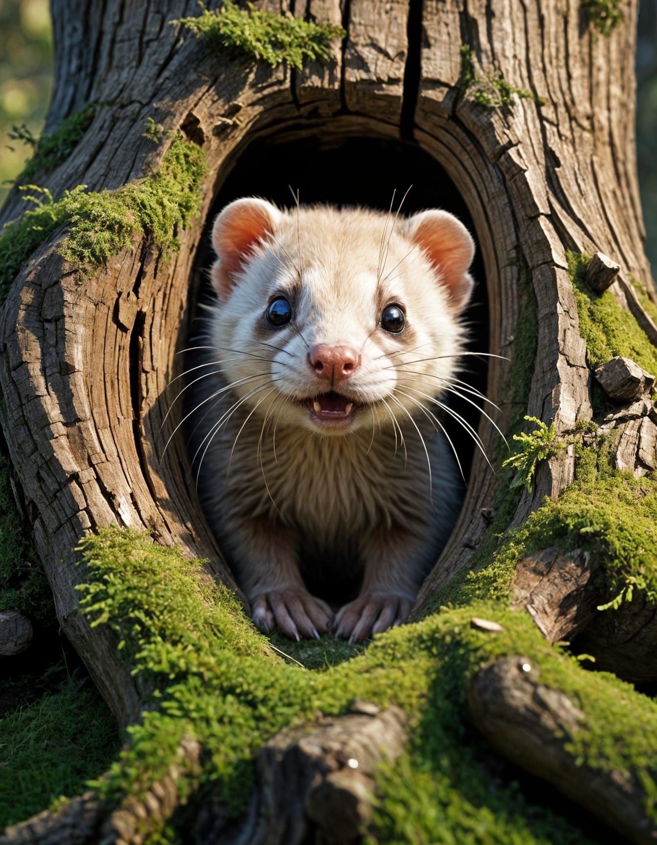 Ferret Peeks out of Hollow Tree Stump