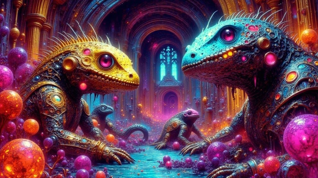 Cybernetic Lizard People in Ornate Neon Environment