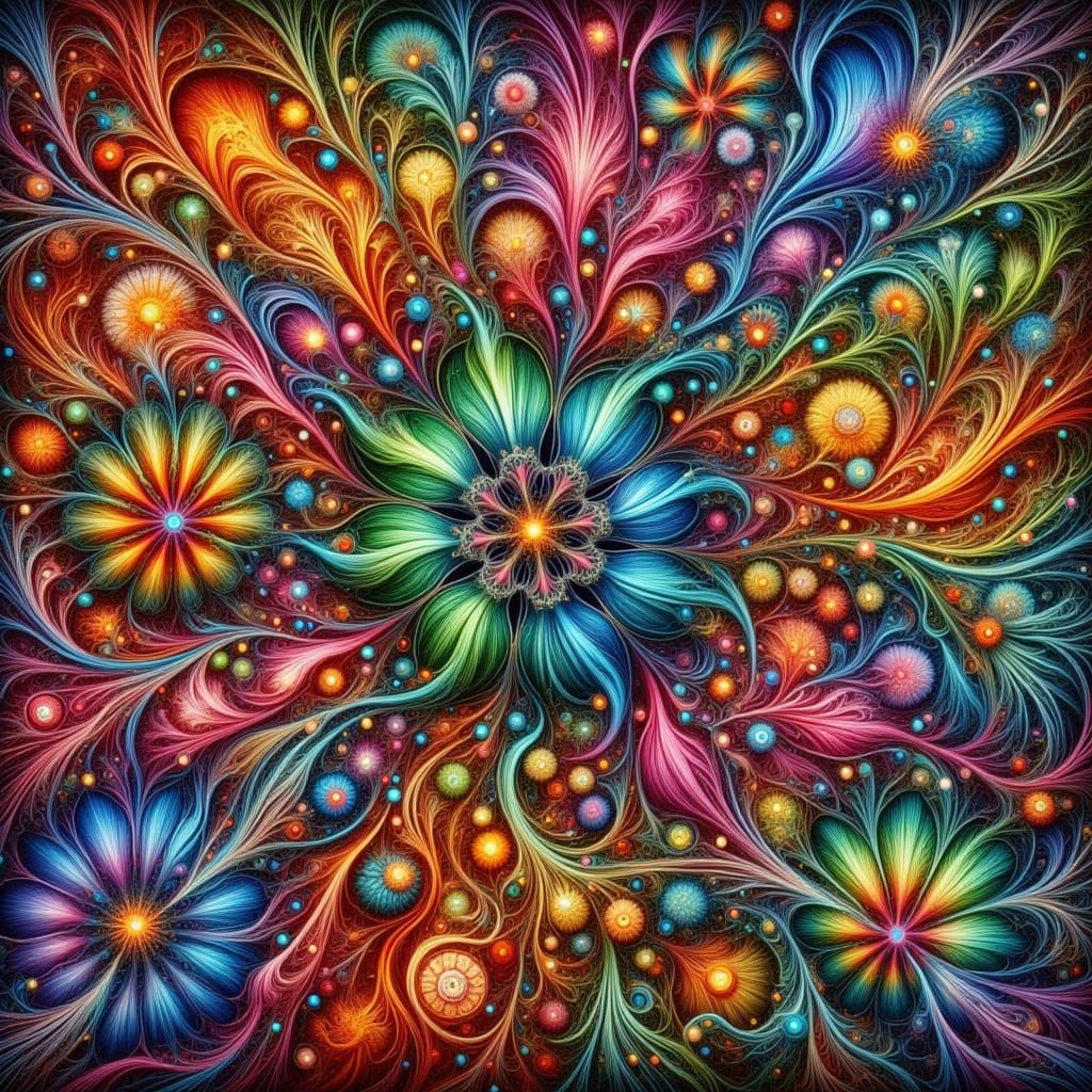 Psychedelic Floral Fractals in Alcoholic Ink Style