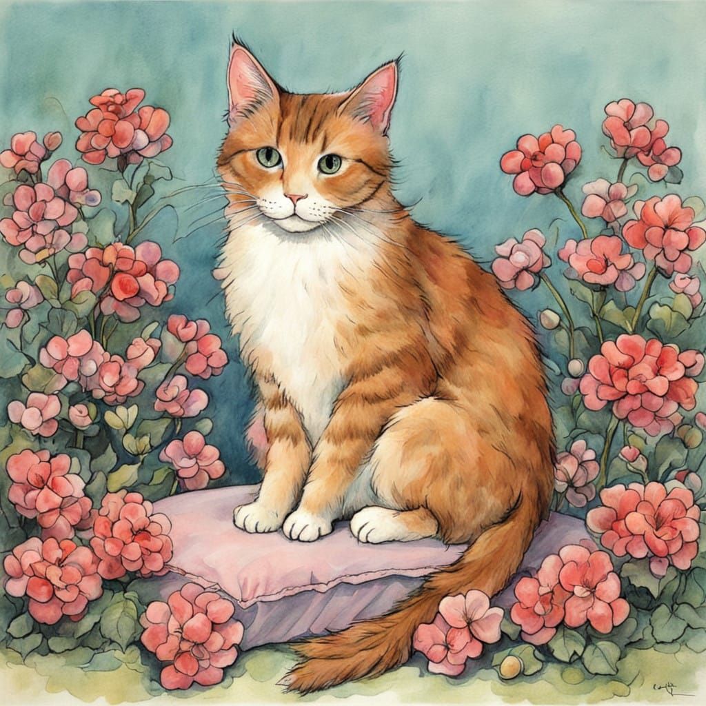 Surreal Cartoon Cat in Whimsical Floral Scene