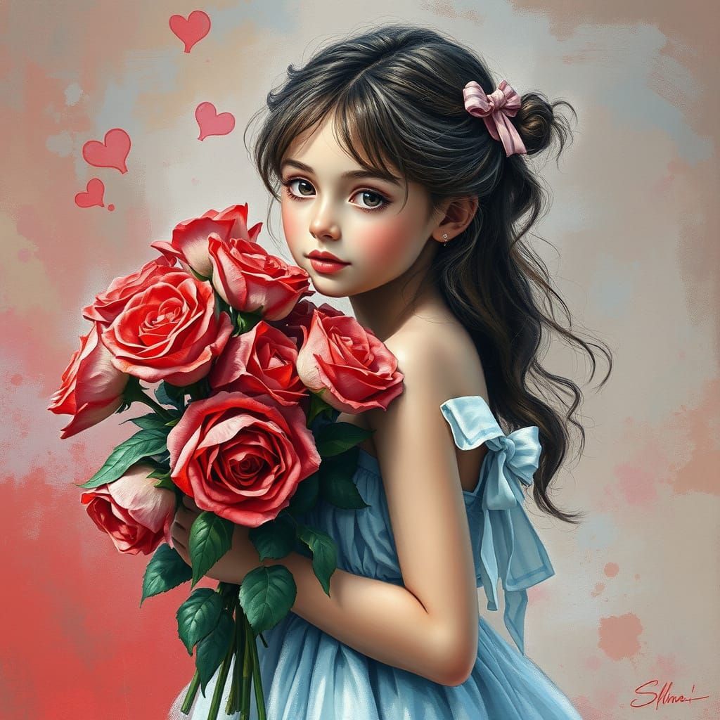 Girl with Roses: Impressionist Gouache Charcoal Drawing