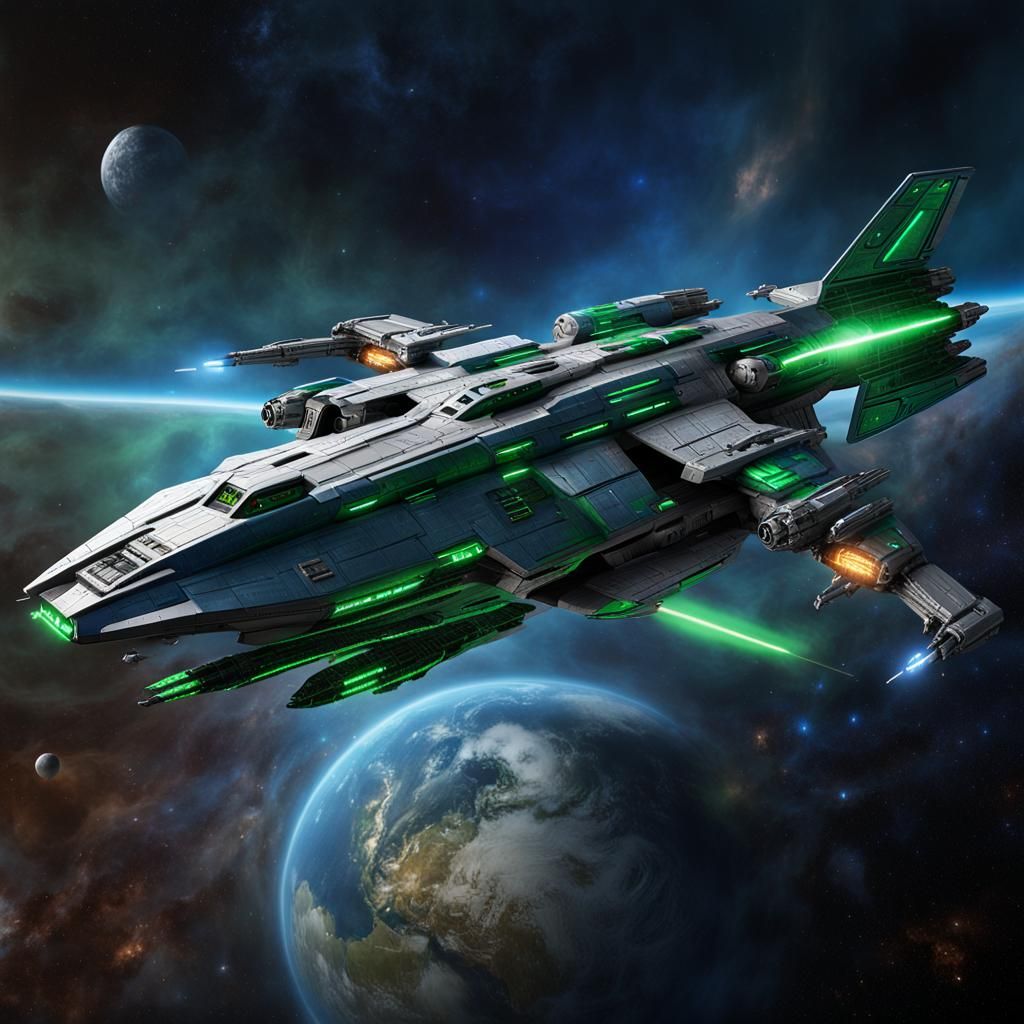 Silver Space Warship Radiating Blue Energy in Industrial Fut...