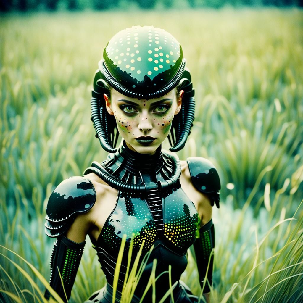 Xenomorph Warrior Girl Portrait in Vintage Colors