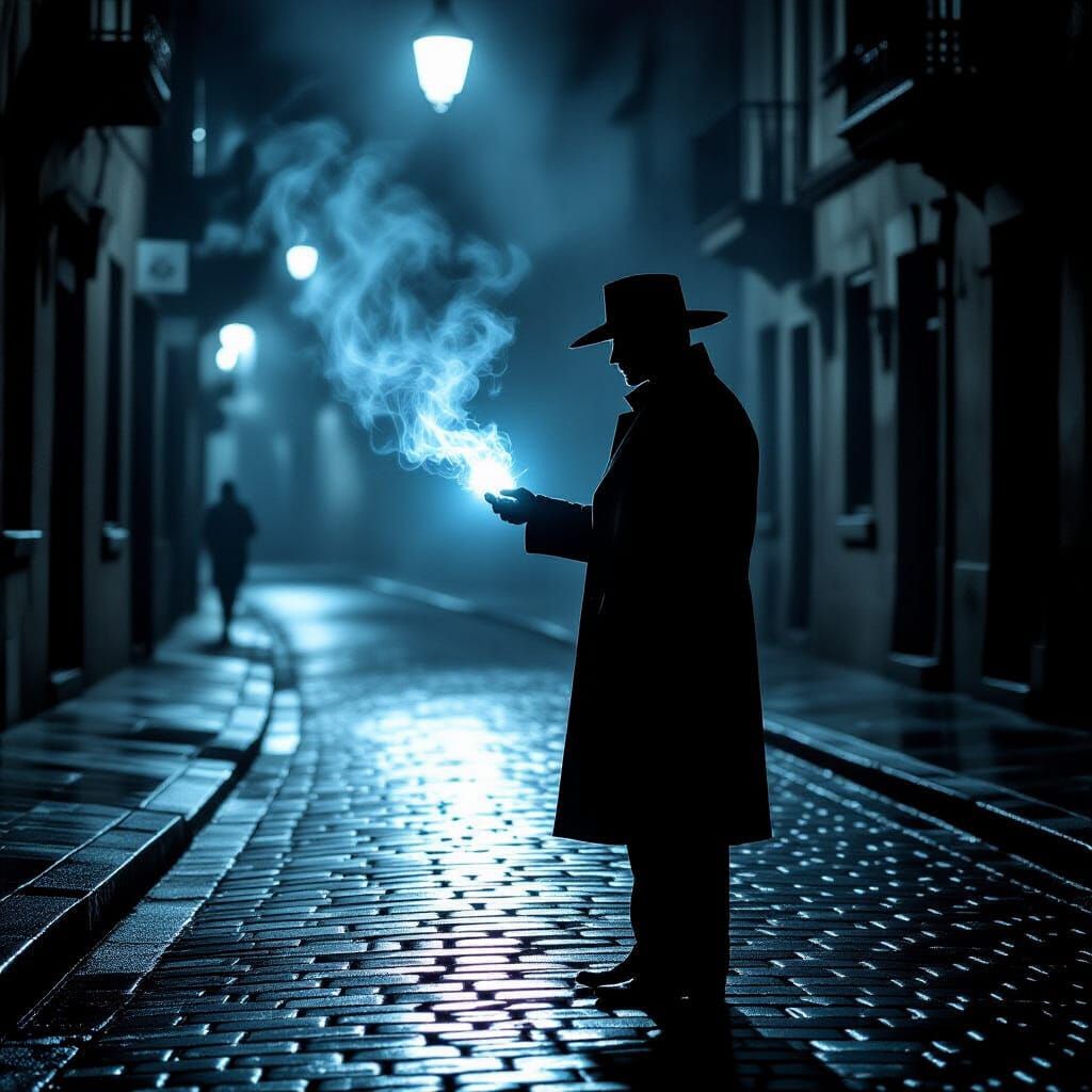 Man with Mysterious Aura on Moonlit Street