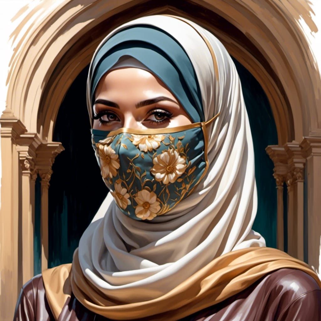 Beautiful Hijabi Woman Portrait in Oil Gouache Style