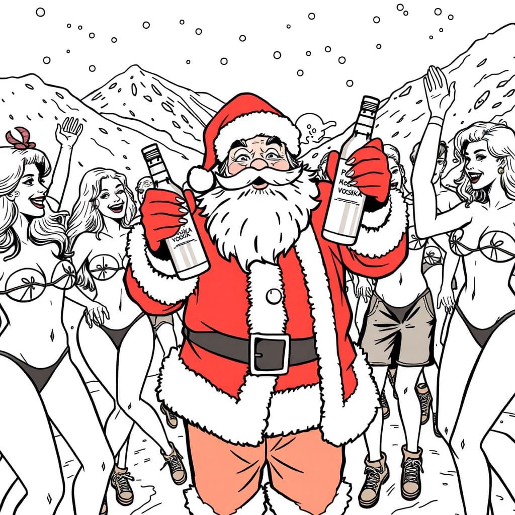 Santa's Wild Après-Ski Party: 1960s Style Line Art