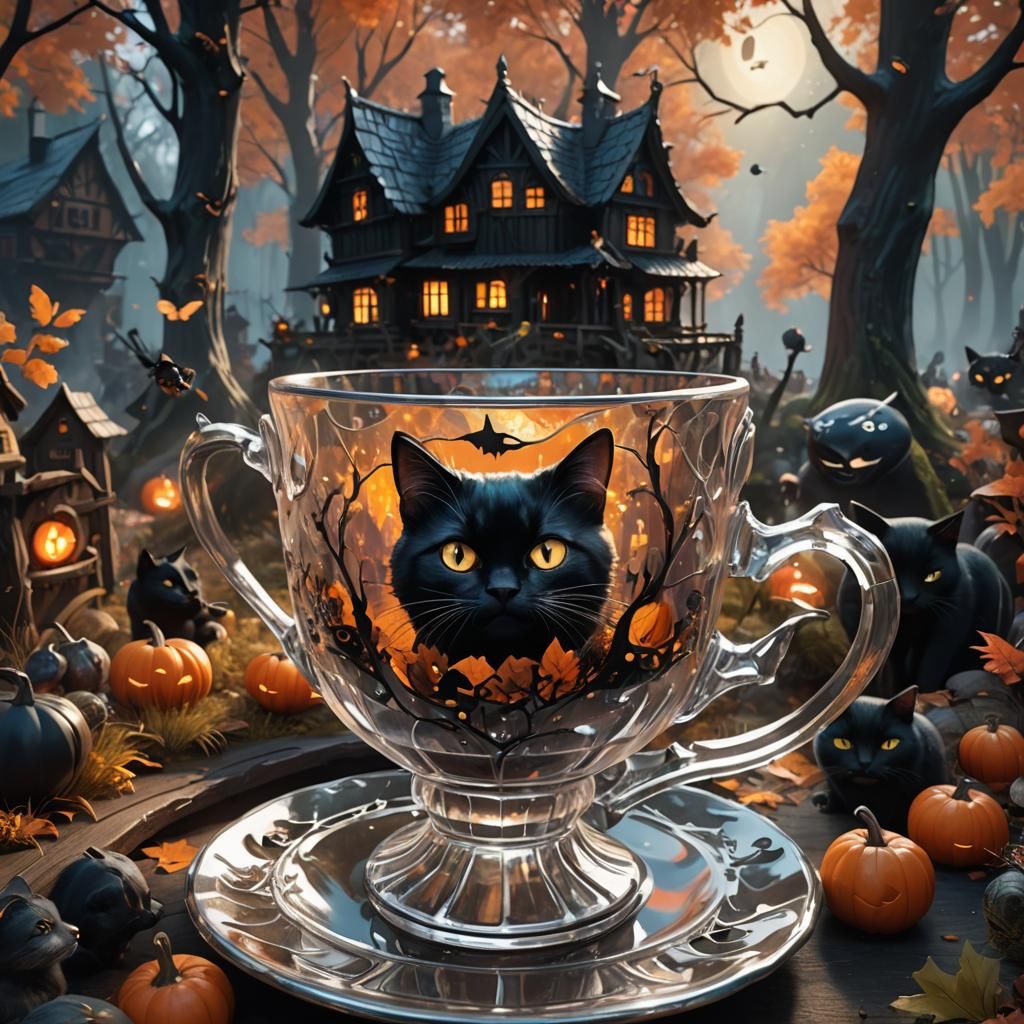 Halloween Village in Crystal Teacup: 3D Render