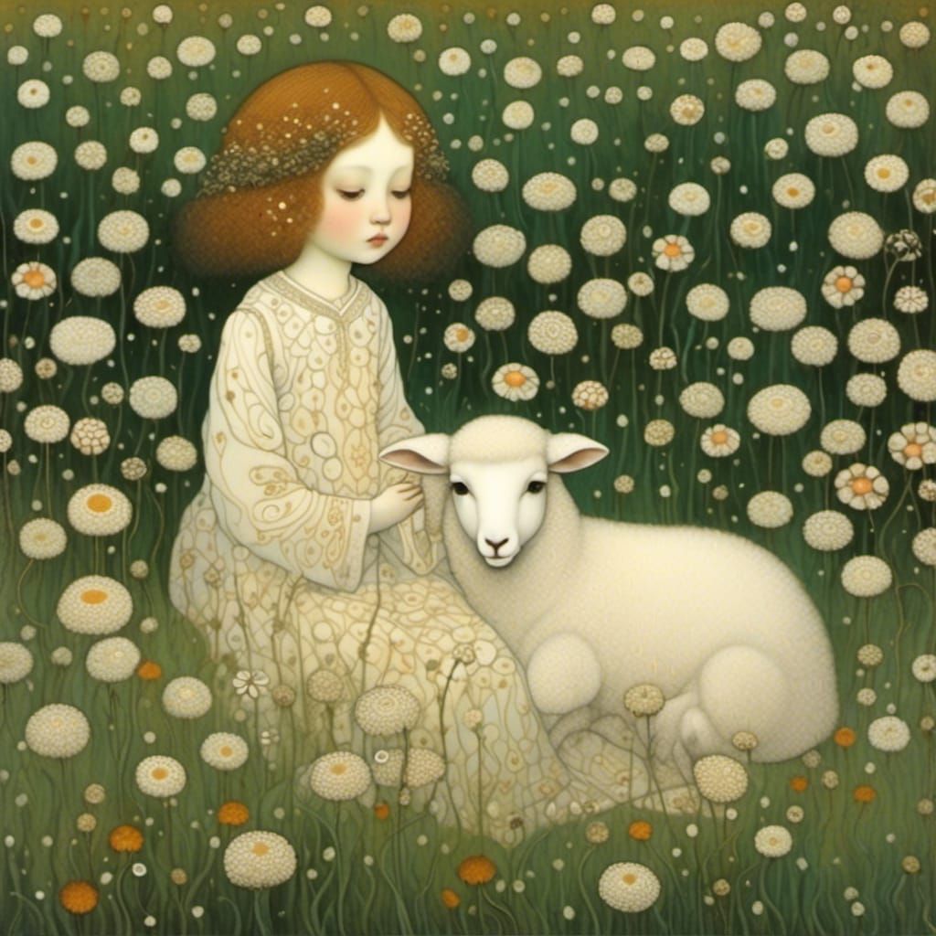 Children in Alpine Meadow, Art Nouveau Style