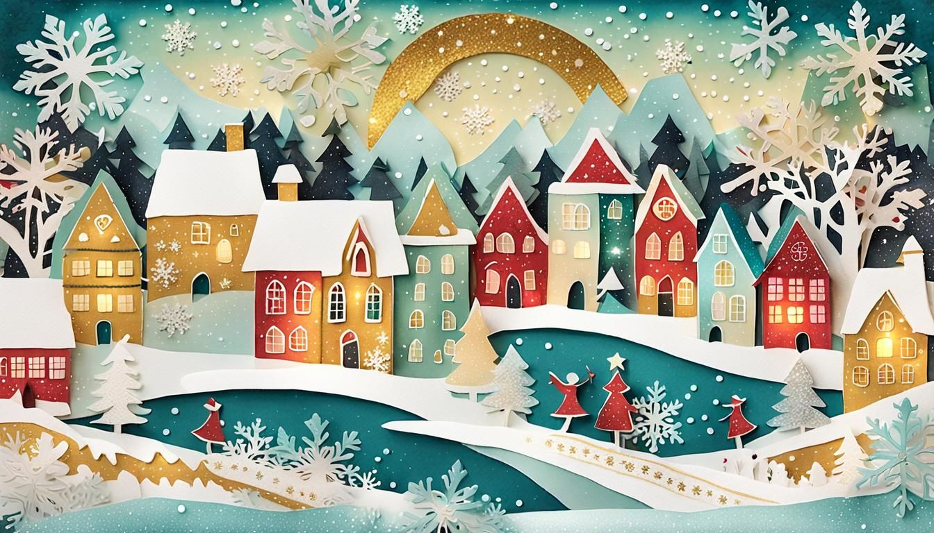 Christmas Village Scrapbook Collage in Mixed Media Style