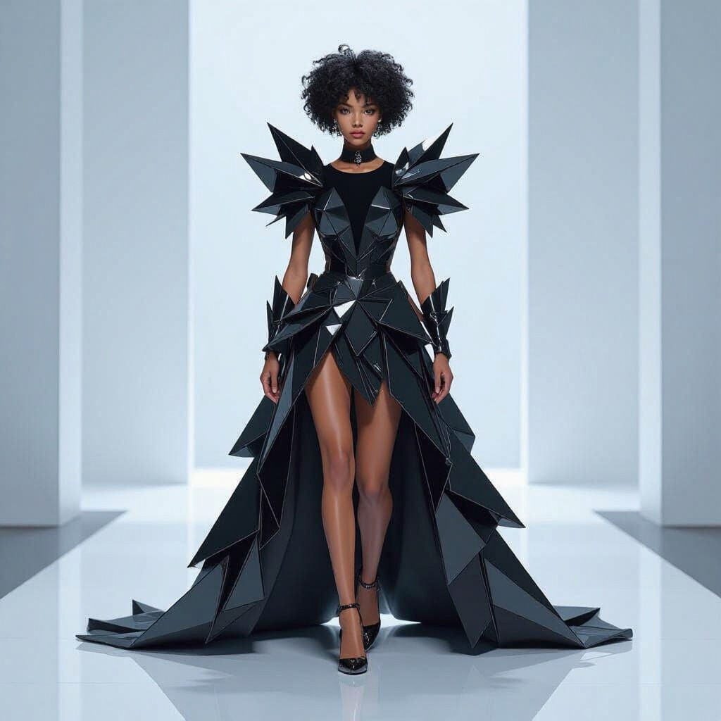 Futuristic Model in Avant-Garde Obsidian Glass Dress