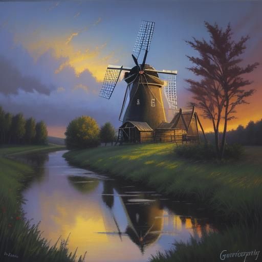 Windmill at Creek, Summer Night, Luminist Oil Painting