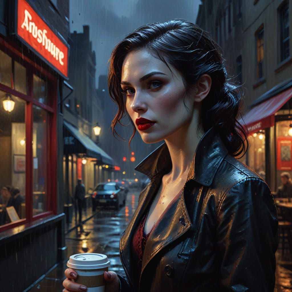 Vampire Detective in Gouache Style on Rainy Night