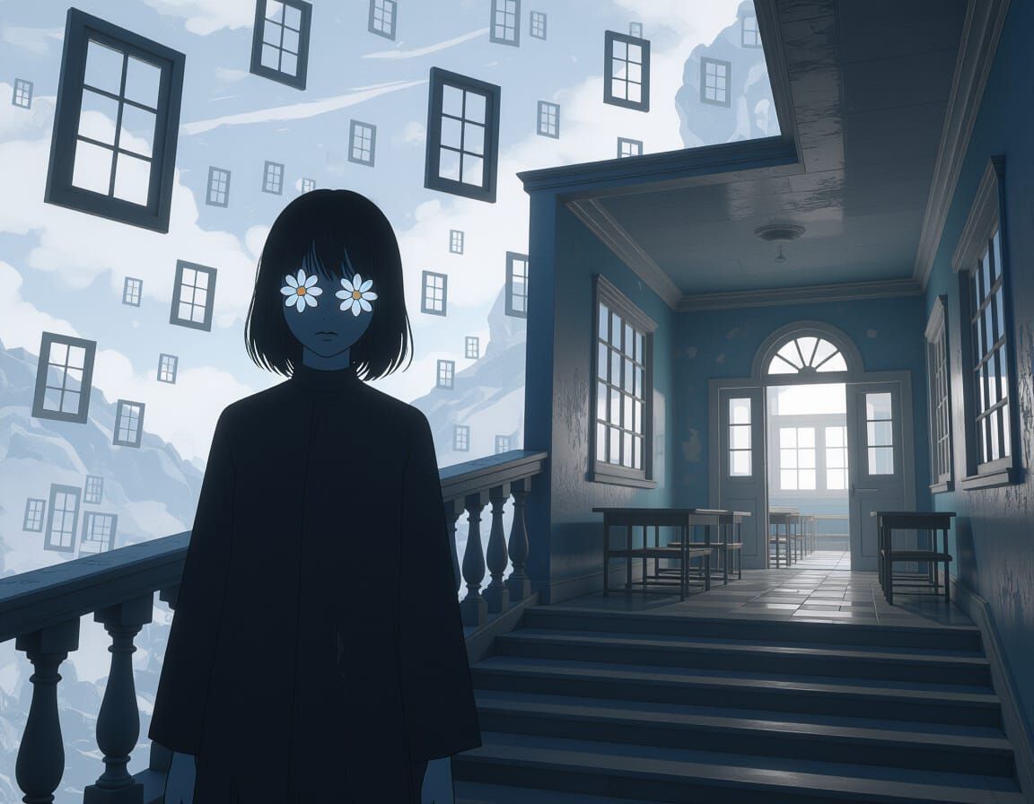 Surreal Dreamscape with Flower-Eyed Figure in Anime Style