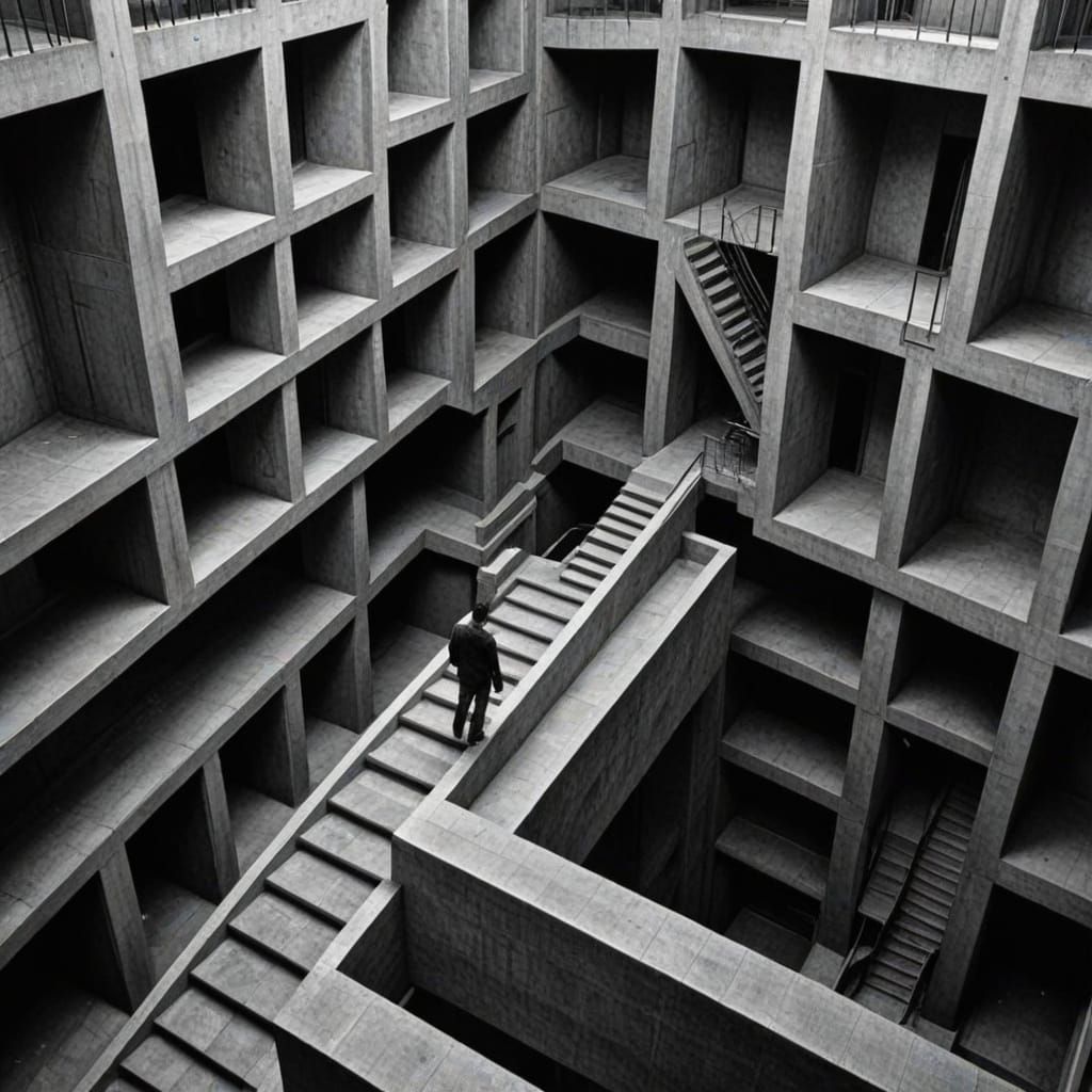 Escher-esque Labyrinth of Brutalist Stairwells in High Contr...