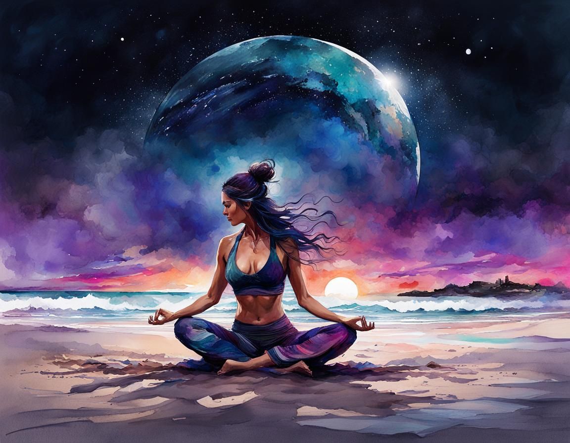 Curvy Woman's Sci-Fi Yoga on White Sand Beach