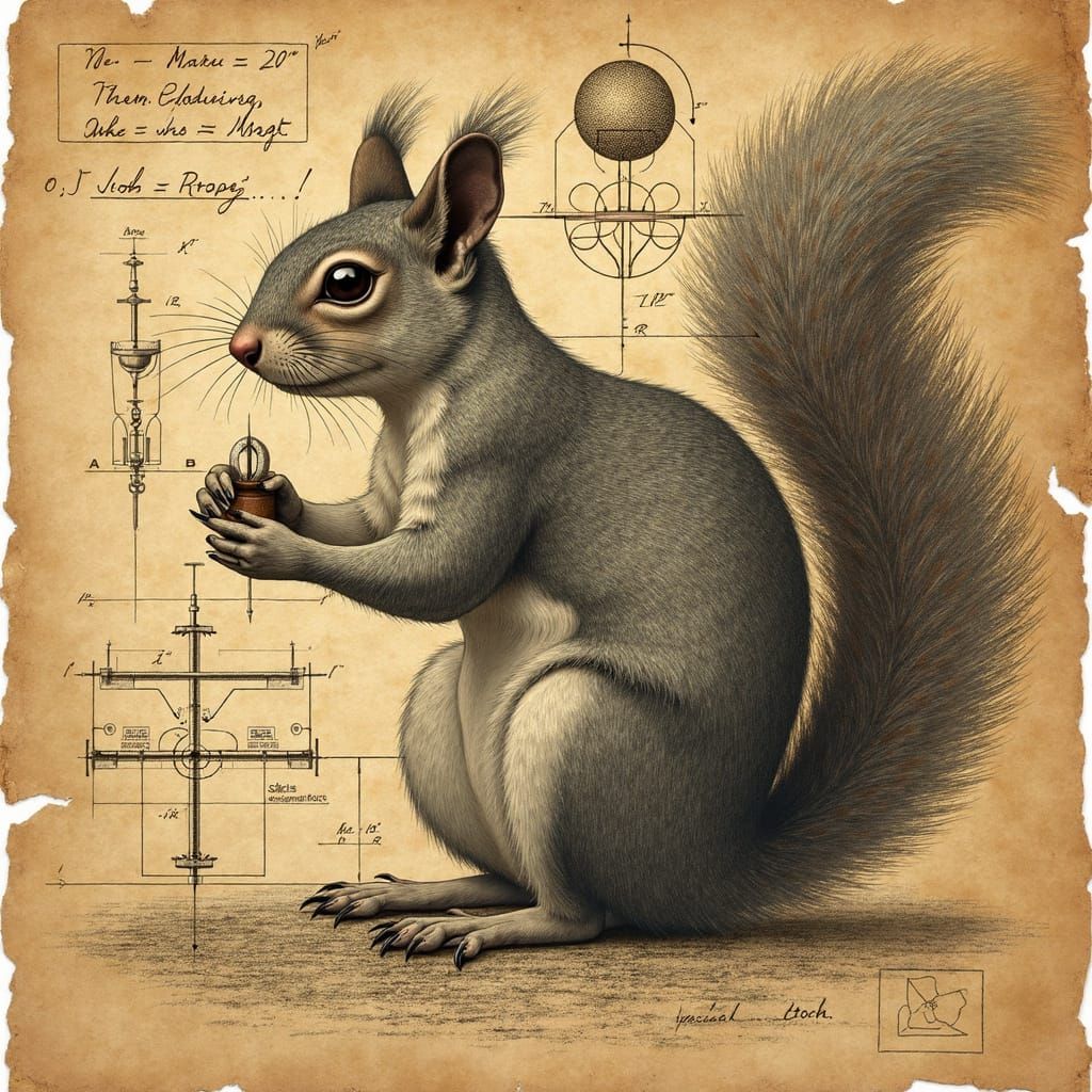 Detailed Squirrel Collage with Vintage Schematics