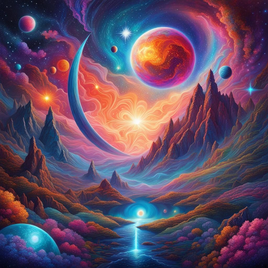 Boundless Space: Cosmic Illustration in Pablo Amaringo Style