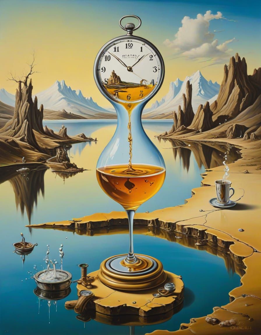Surreal Lake Scene with Melting Clocks, in Dali Style