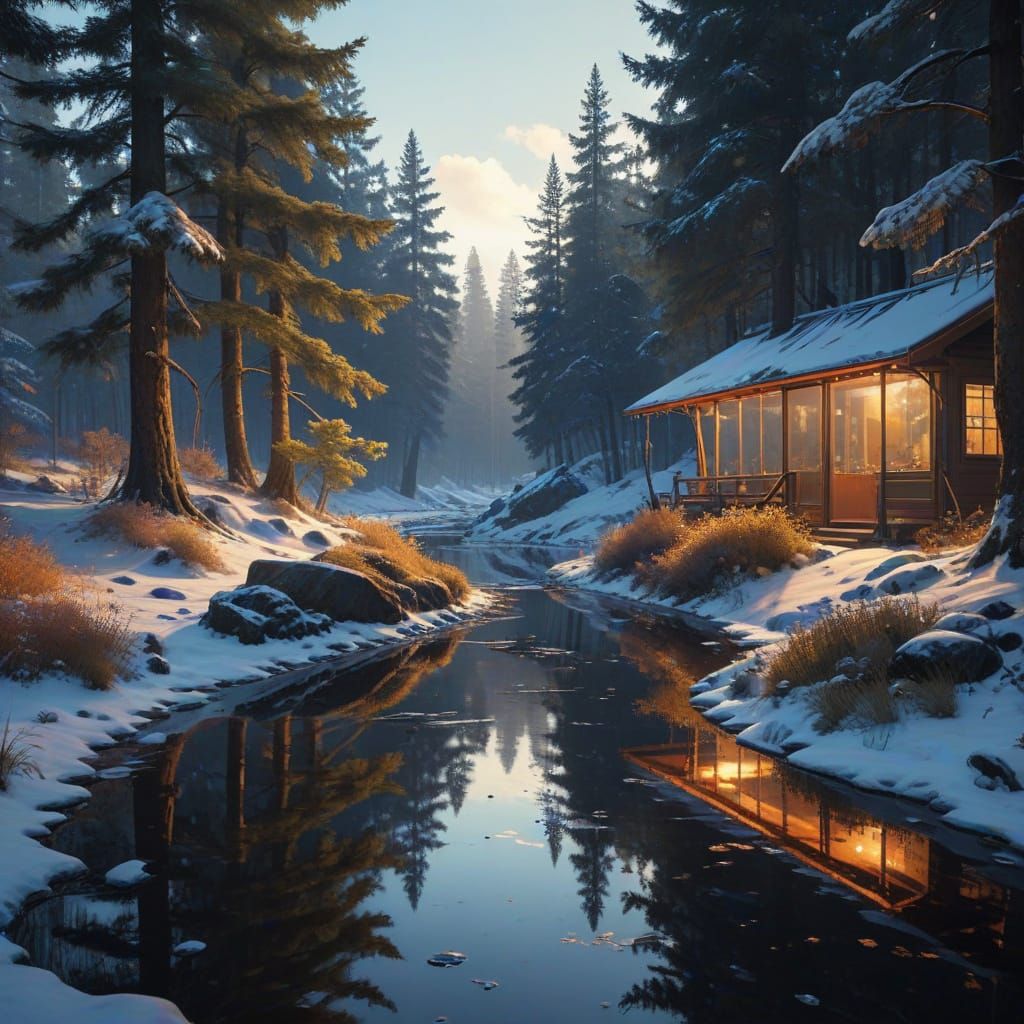 Serene Winter Landscape with Tranquil Pond and Cryptidcore E...