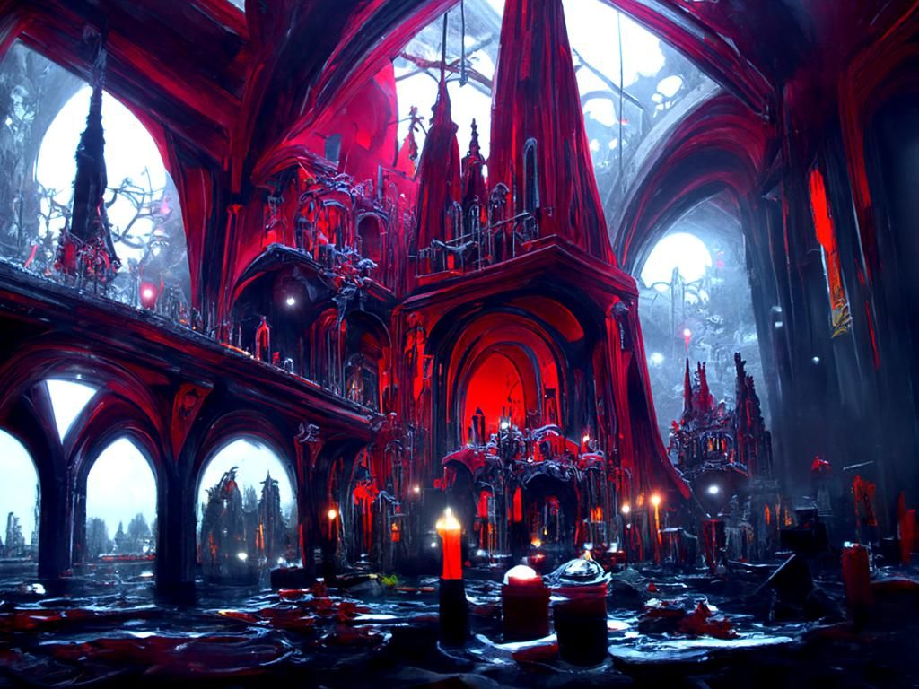 Evil Cathedral at Night with Bats and Coffins