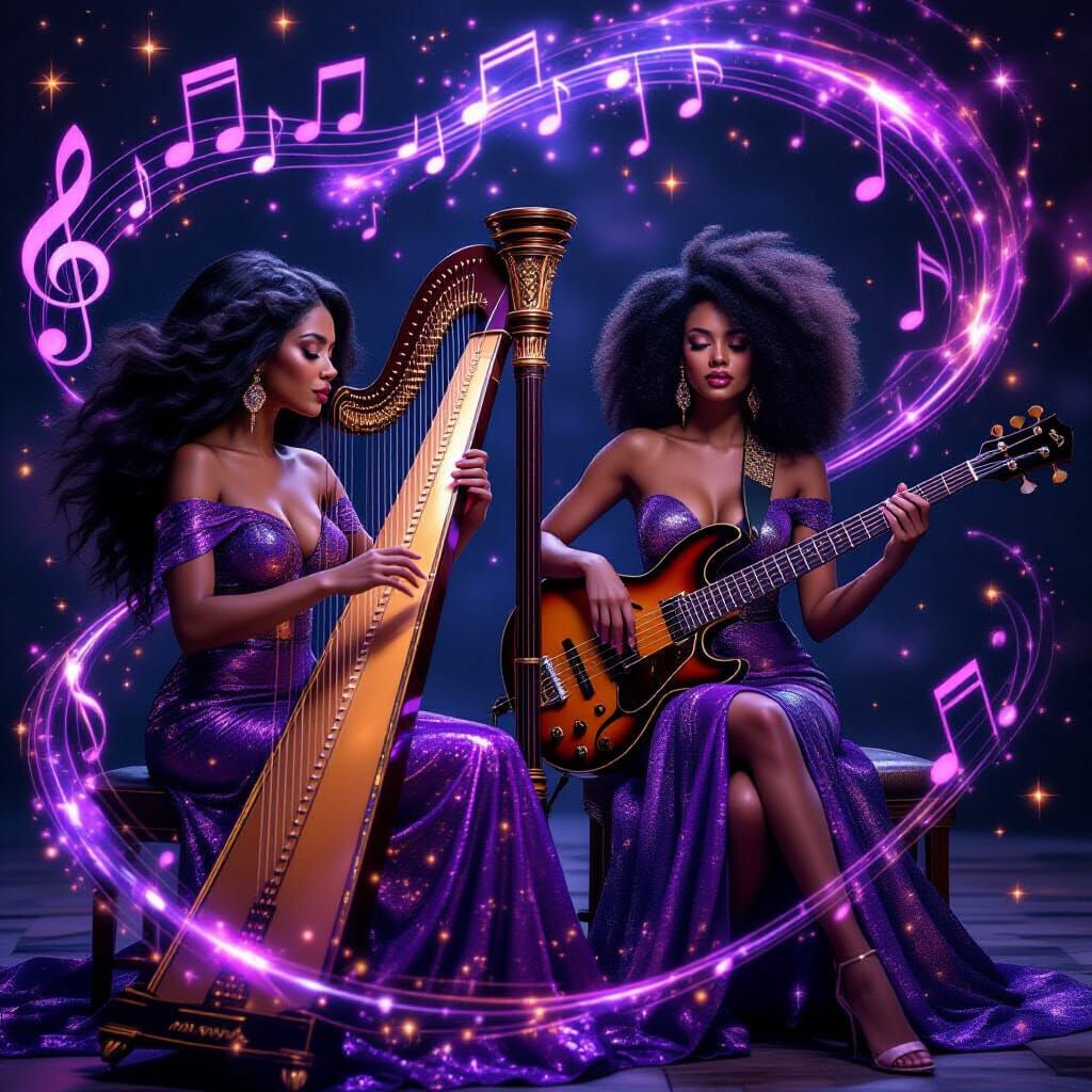 Afro-Latina Women Play Celestial Harp and Bass Guitar in Spa...