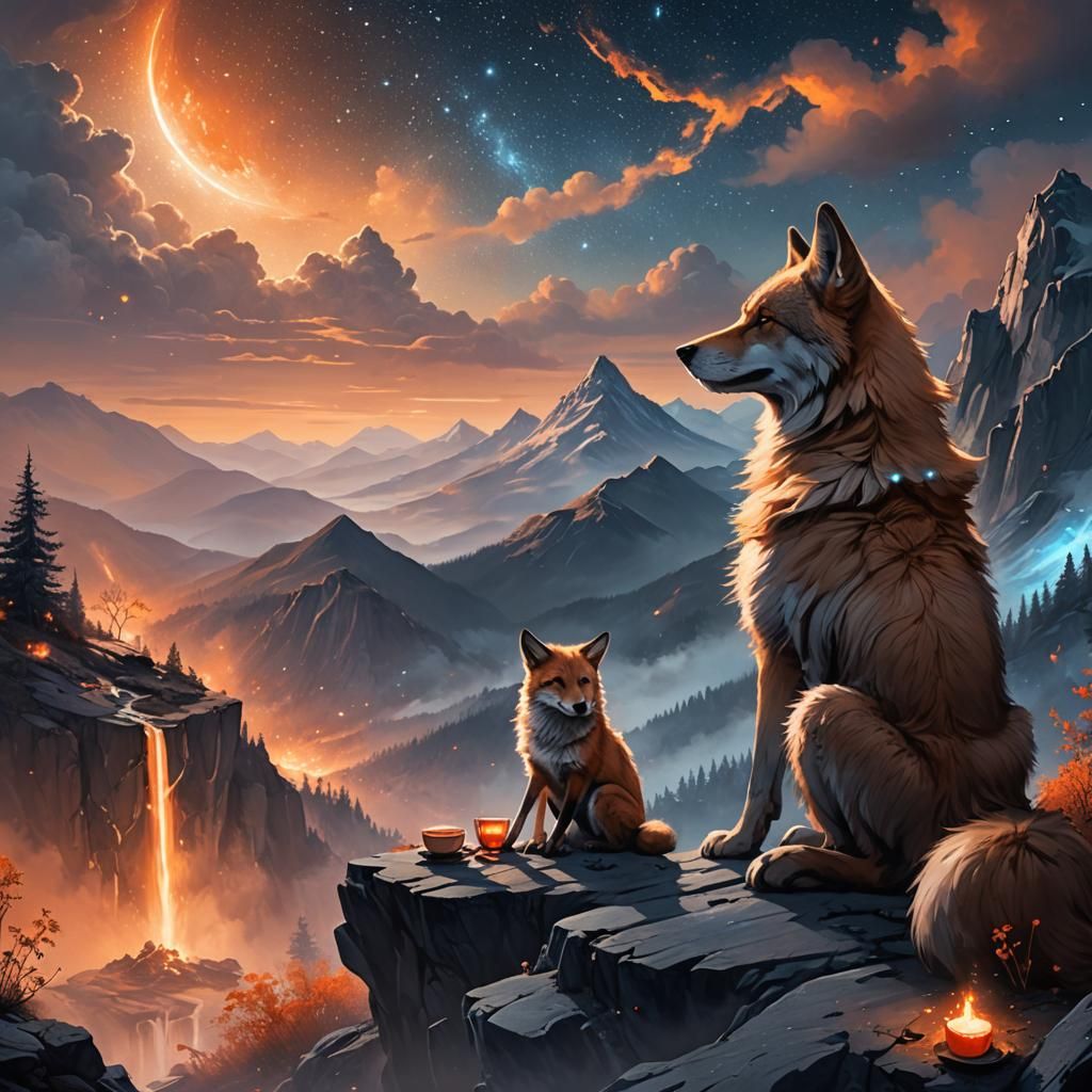 Wolf and Fox Share Tea Under Falling Stars