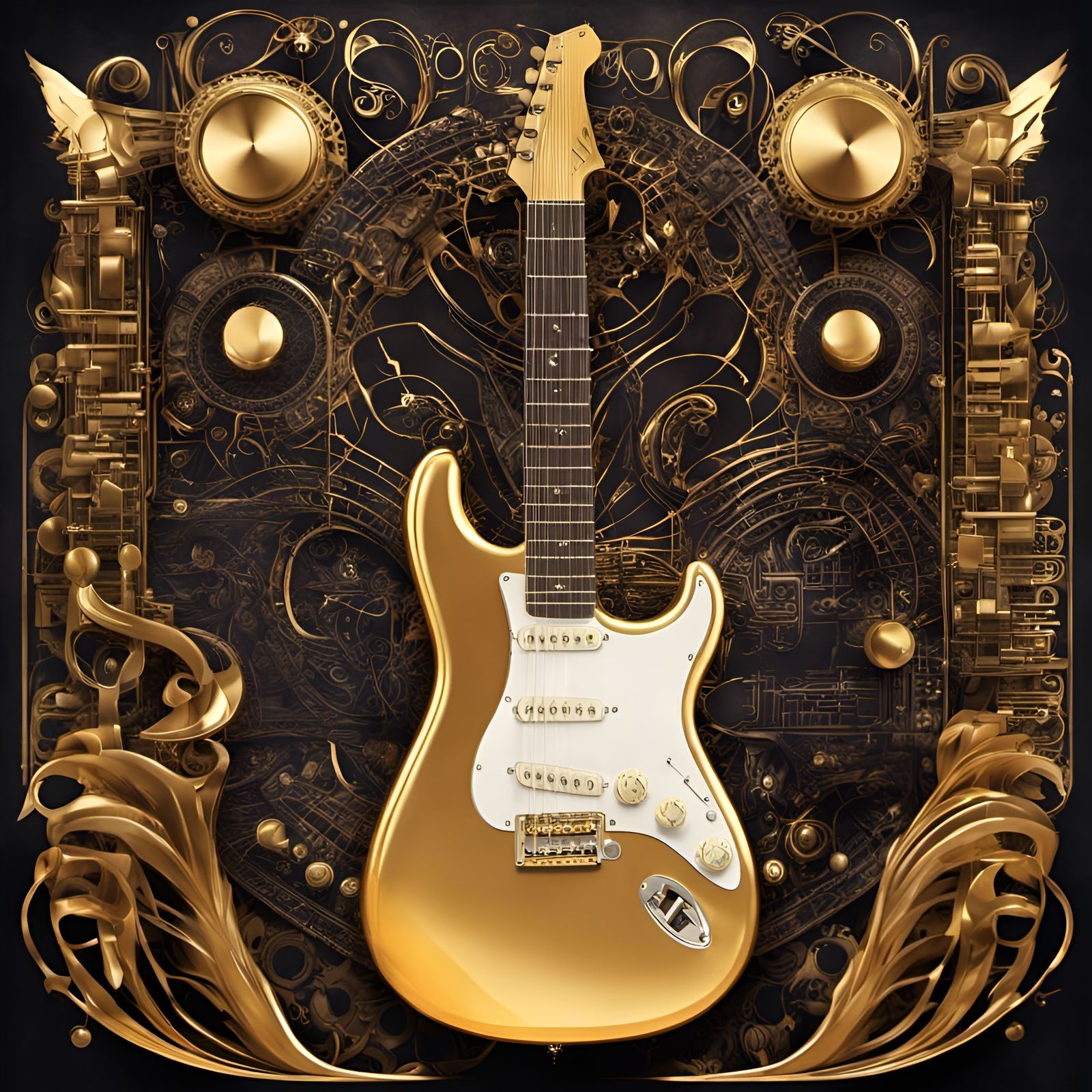 Gold Electric Guitar with Musical Carvings