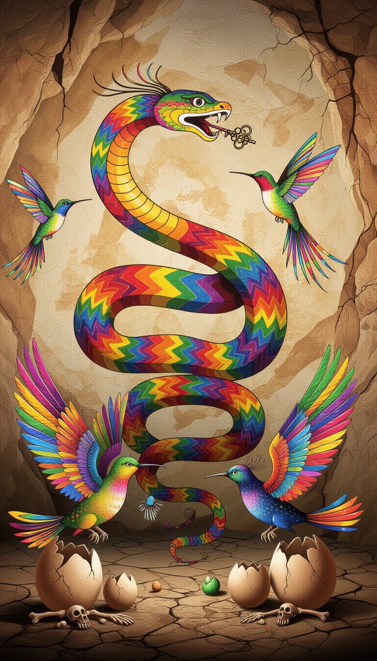 Rainbow Serpent with Mythical Birds in Cave Painting Style