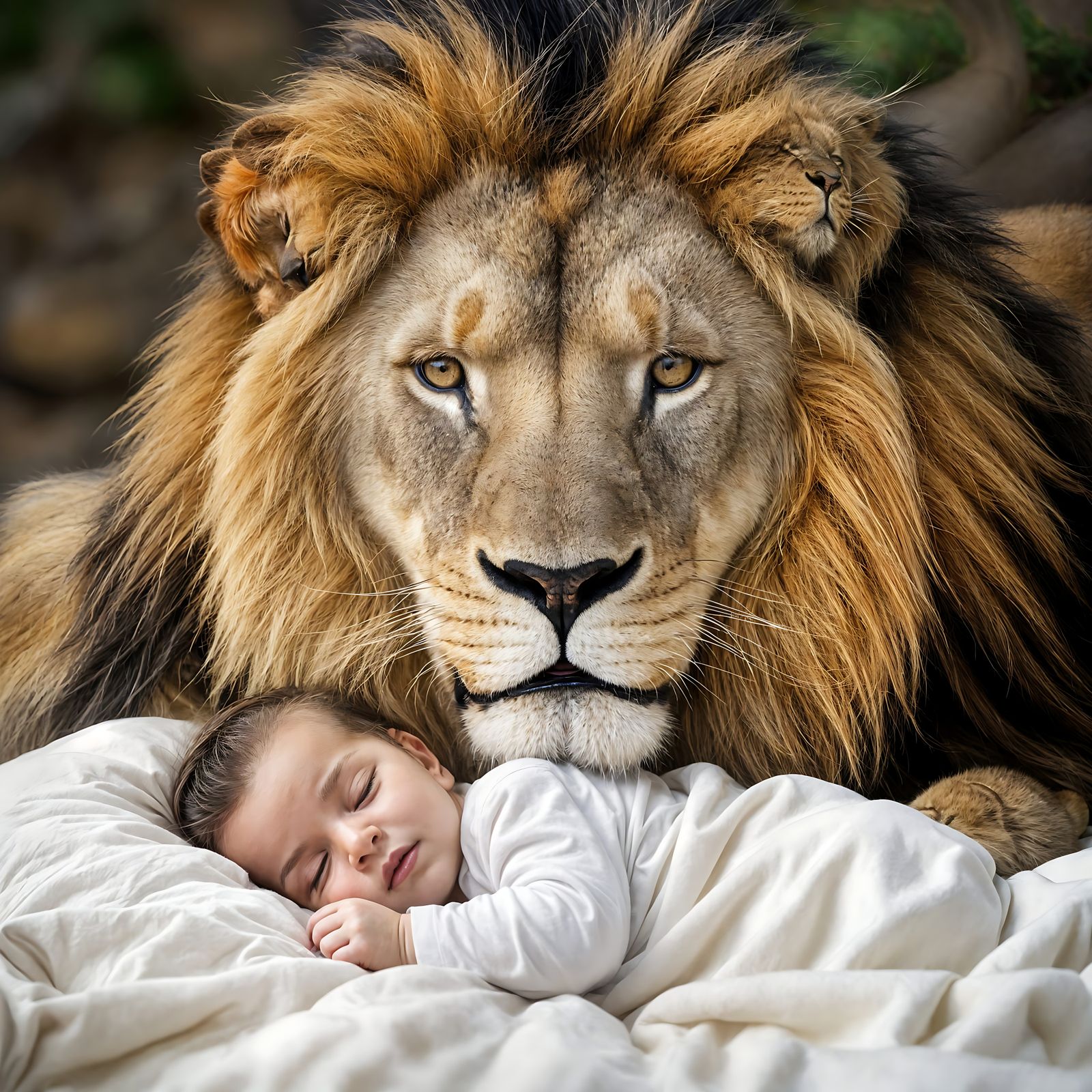Lion Guardian Watching Over Sleeping Baby