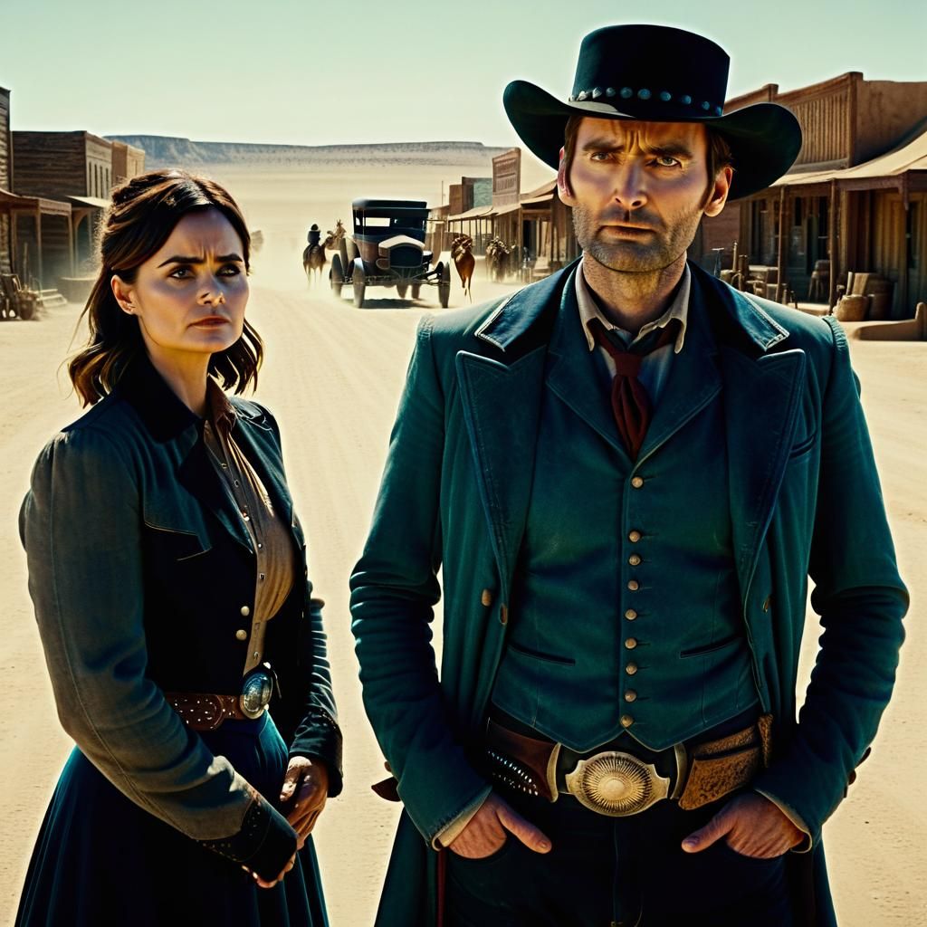 Cowboy and Cowgirl on Dusty Street: Cinematic Film Still