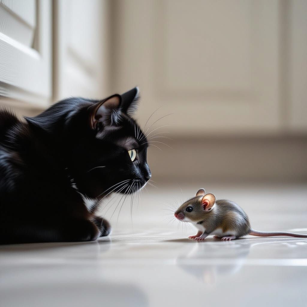 Photorealistic Black Cat Stares at Grey Mouse