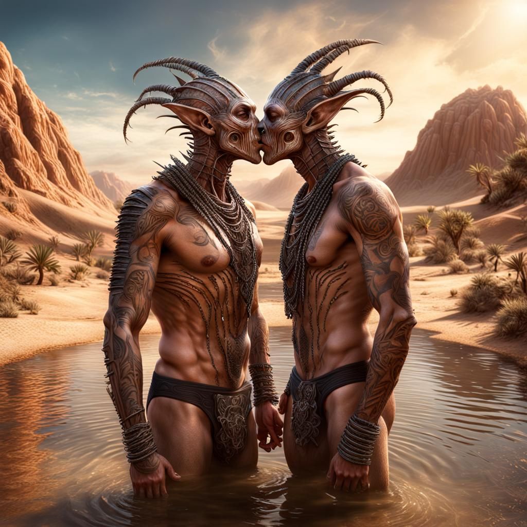 Gay Alien Couple at Oasis: Realistic Digital Painting