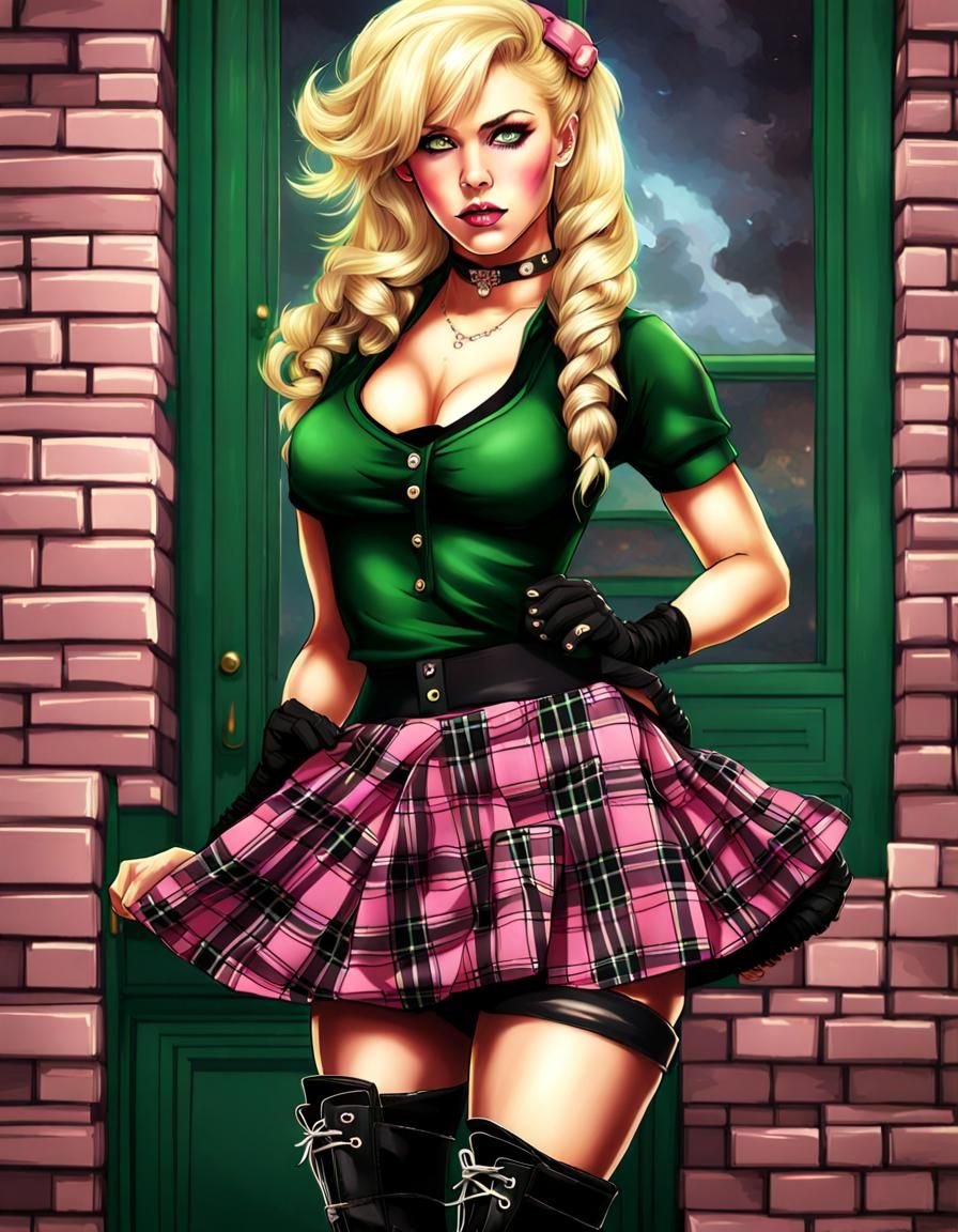 Blonde Pin-Up in Plaid Skirt and Boots