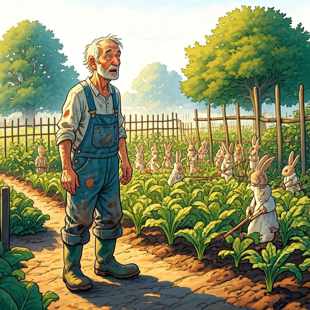 Farmer Amazed by Rabbits Working in Garden