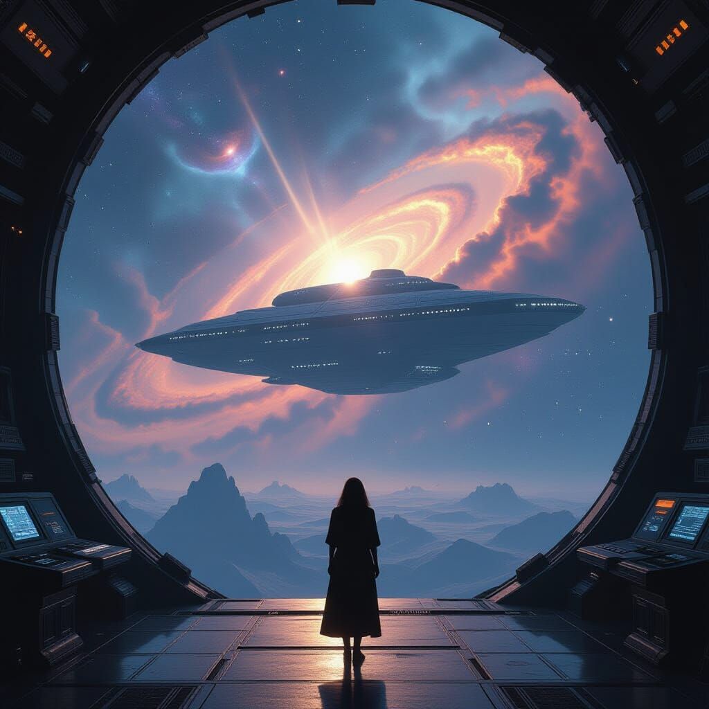 Singer on Spaceship Bridge Amidst Nebula