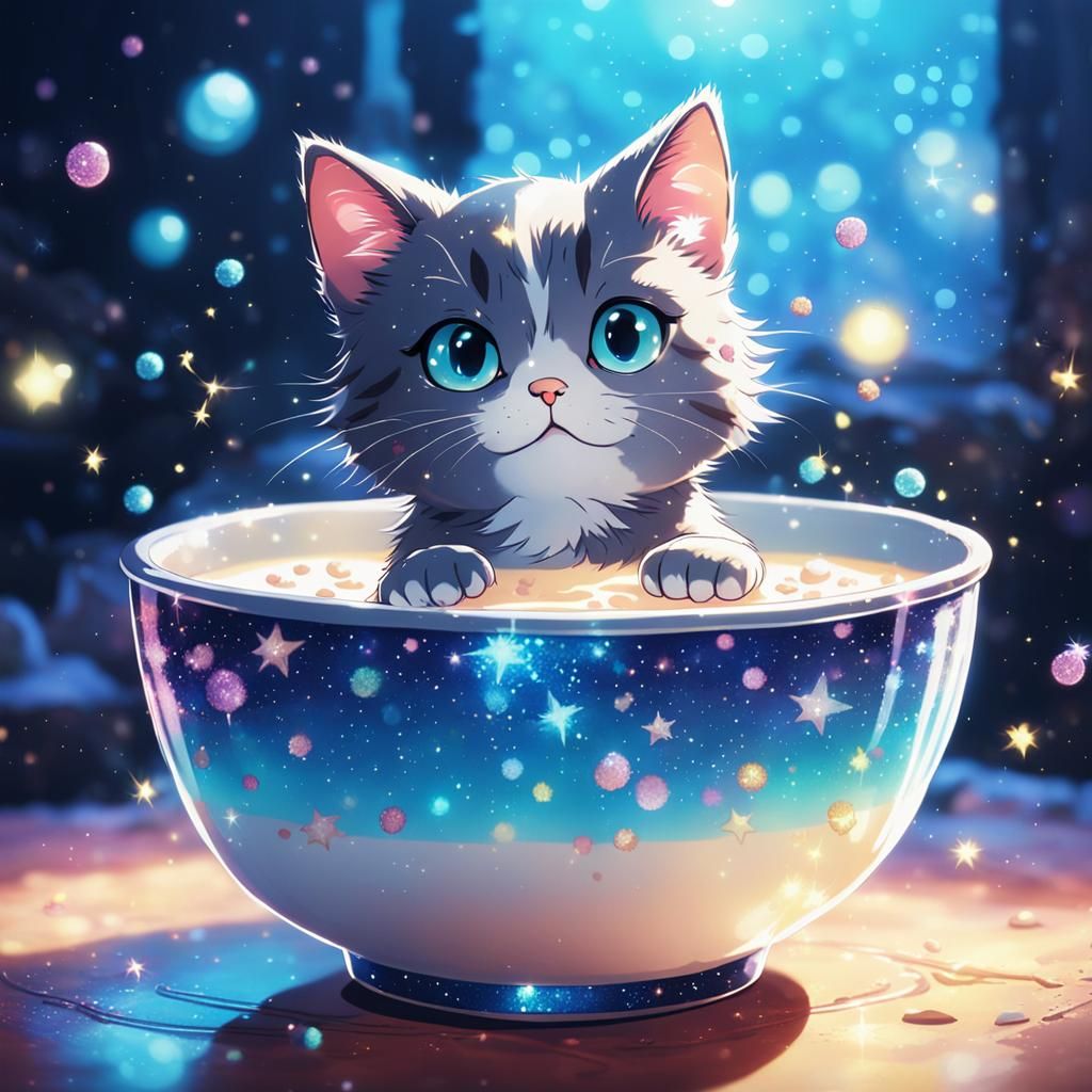 Sparkly Anime Cat Drinks Milk in Whimsical Scene