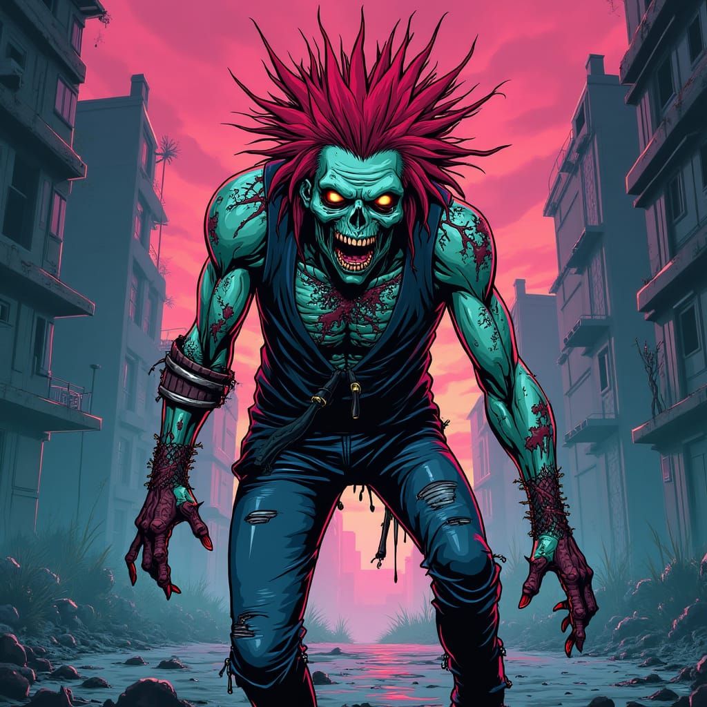 Punk Rock Zombie in Neon Cityscape
