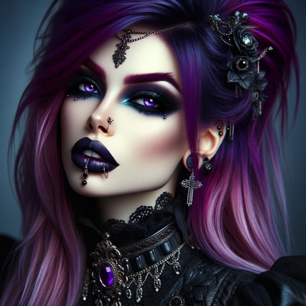 Gothic Woman with Purple Hair and Black Turquoise Makeup