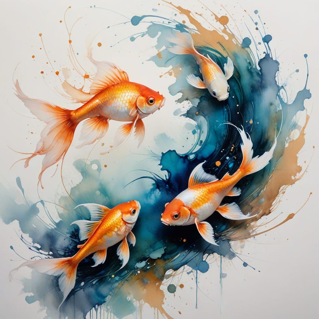 Goldfish Pond in Alcohol Ink Style with Metallic Accents