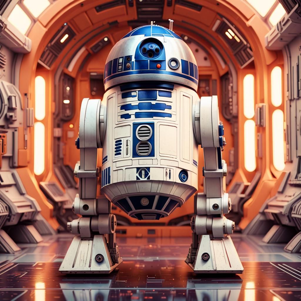 R2D2 in Wes Anderson-Style Sci-Fi Setting