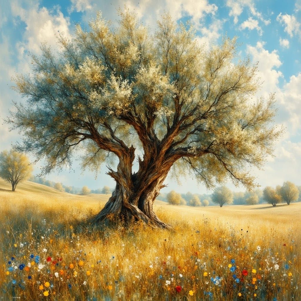 Olive Tree in Wildflower Field: Impressionist Painting