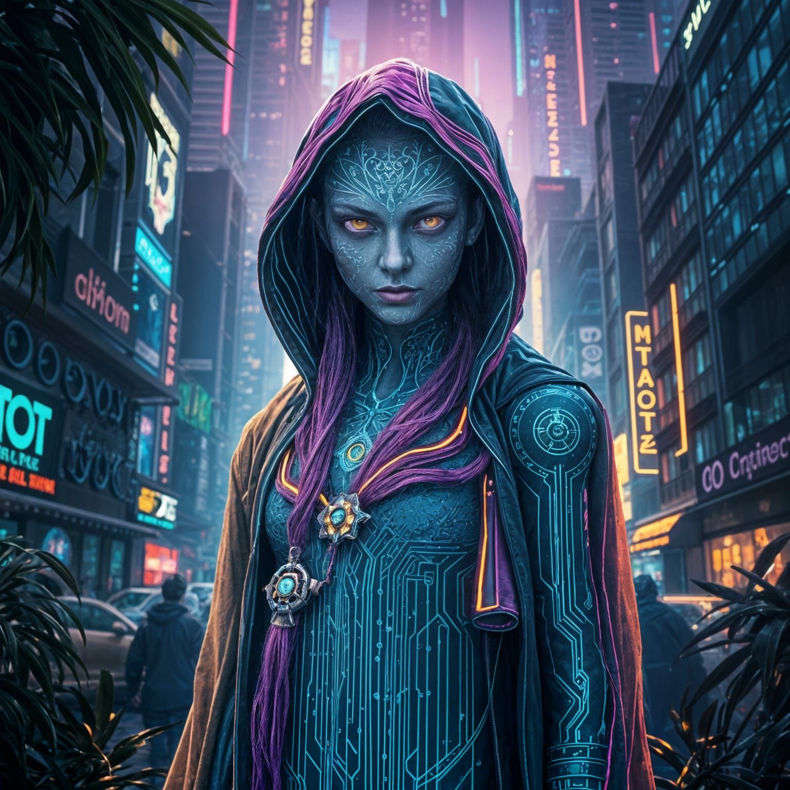 Cyberpunk Enchanter in Neon Cityscape