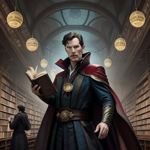 Doctor Strange in Mystical Library: Surrealist Image