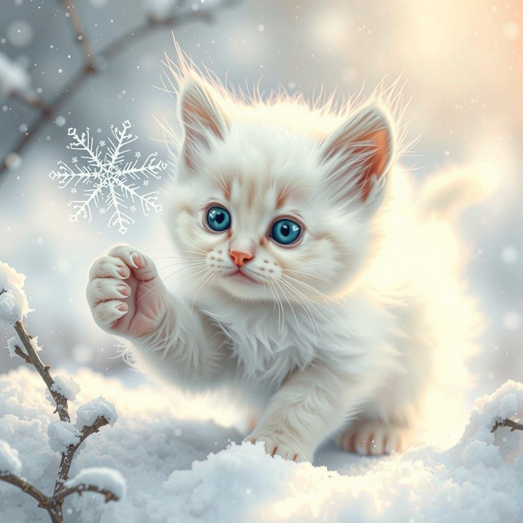 Whimsical Pure White Kitten Frolicking in Snowy Landscape